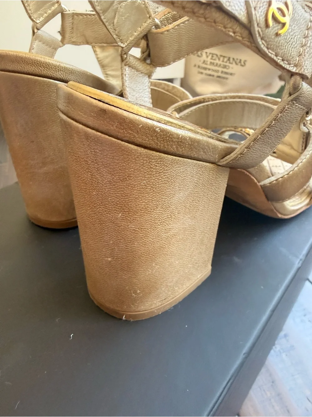 CHANEL Gold Quilted Chain-Trim Heel Strap Sandals with box